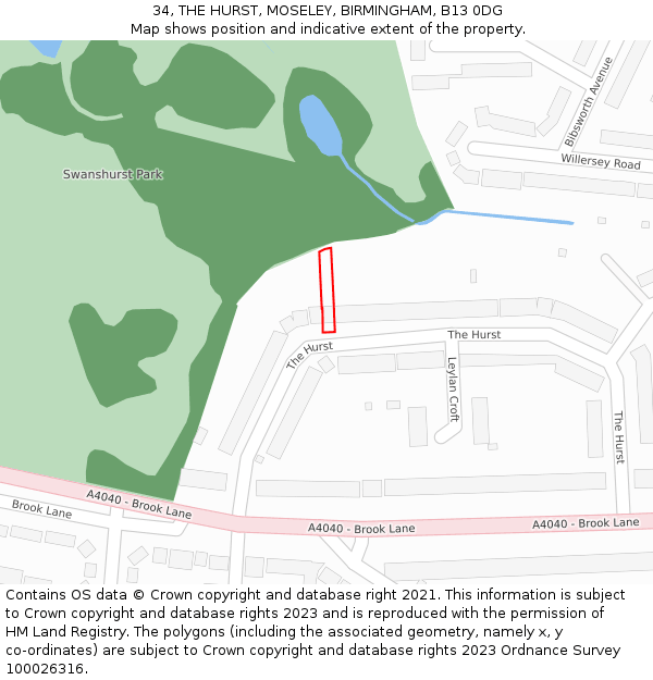 34, THE HURST, MOSELEY, BIRMINGHAM, B13 0DG: Location map and indicative extent of plot