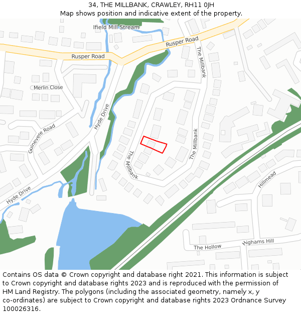 34, THE MILLBANK, CRAWLEY, RH11 0JH: Location map and indicative extent of plot
