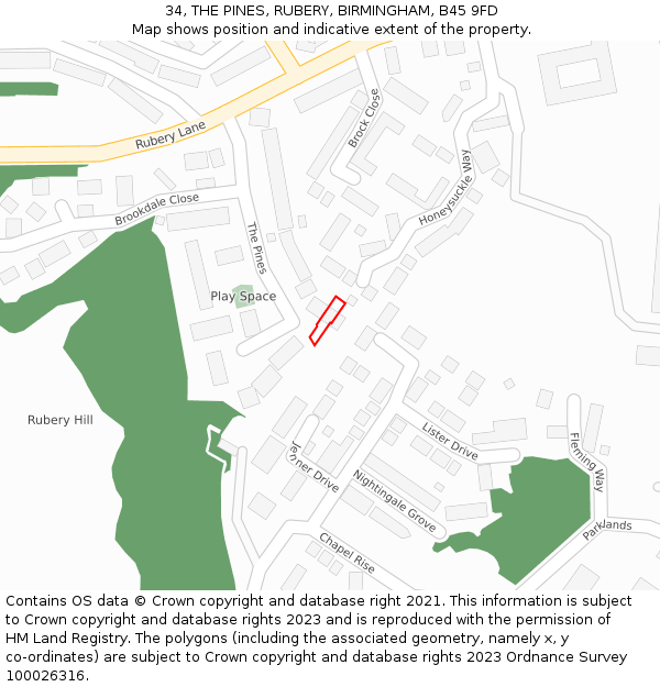 34, THE PINES, RUBERY, BIRMINGHAM, B45 9FD: Location map and indicative extent of plot