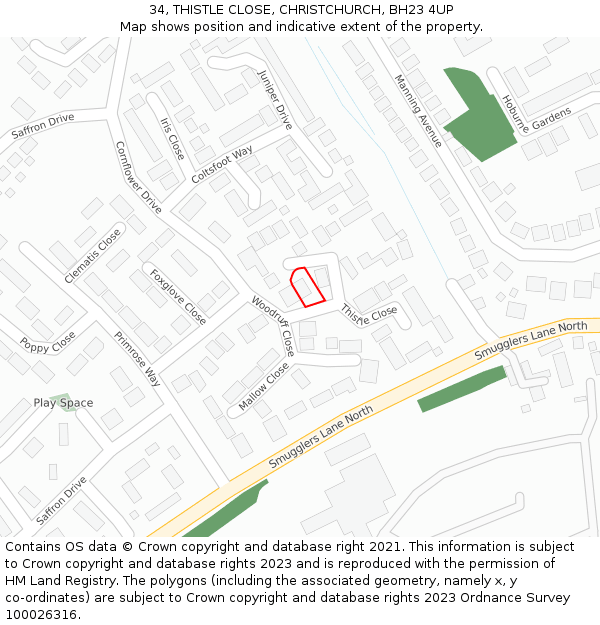 34, THISTLE CLOSE, CHRISTCHURCH, BH23 4UP: Location map and indicative extent of plot