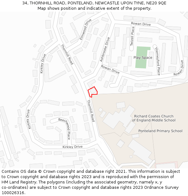 34, THORNHILL ROAD, PONTELAND, NEWCASTLE UPON TYNE, NE20 9QE: Location map and indicative extent of plot