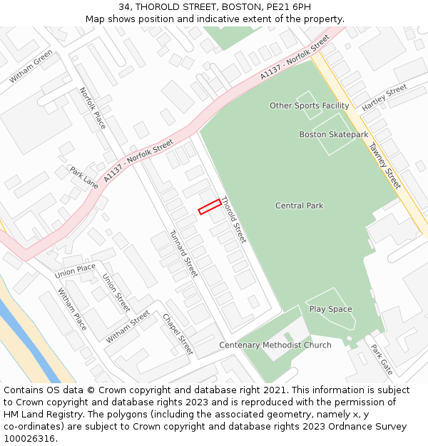 34, THOROLD STREET, BOSTON, PE21 6PH: Location map and indicative extent of plot