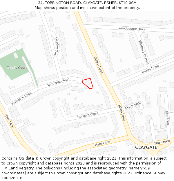 34, TORRINGTON ROAD, CLAYGATE, ESHER, KT10 0SA: Location map and indicative extent of plot
