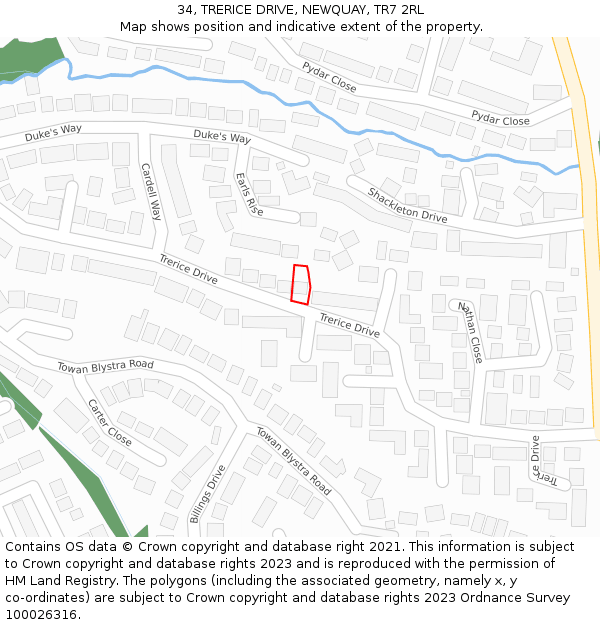 34, TRERICE DRIVE, NEWQUAY, TR7 2RL: Location map and indicative extent of plot