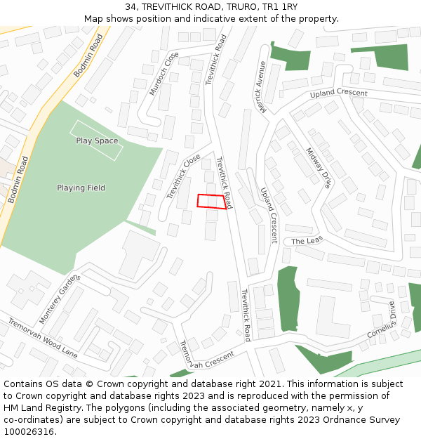 34, TREVITHICK ROAD, TRURO, TR1 1RY: Location map and indicative extent of plot