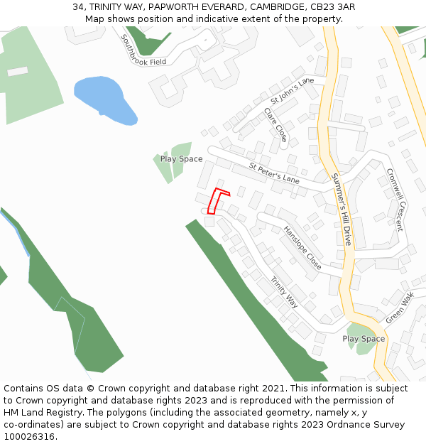 34, TRINITY WAY, PAPWORTH EVERARD, CAMBRIDGE, CB23 3AR: Location map and indicative extent of plot