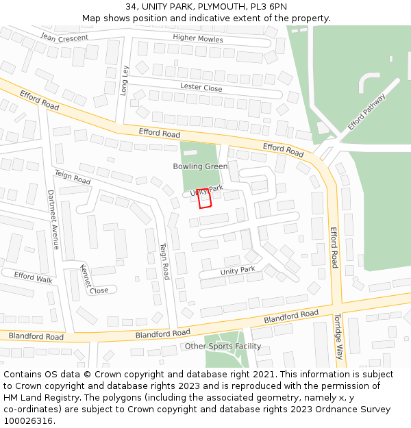 34, UNITY PARK, PLYMOUTH, PL3 6PN: Location map and indicative extent of plot