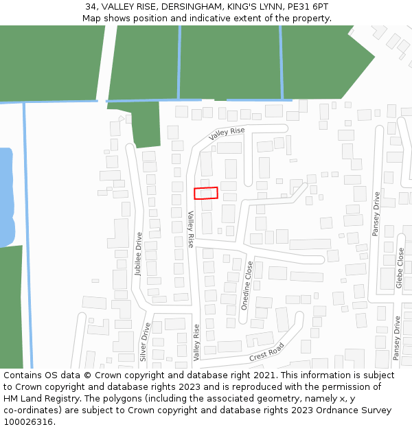 34, VALLEY RISE, DERSINGHAM, KING'S LYNN, PE31 6PT: Location map and indicative extent of plot