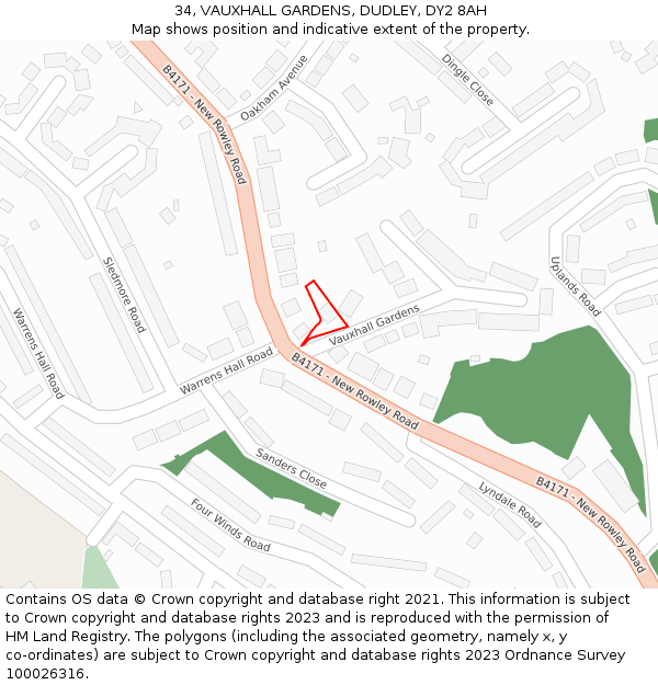 34, VAUXHALL GARDENS, DUDLEY, DY2 8AH: Location map and indicative extent of plot