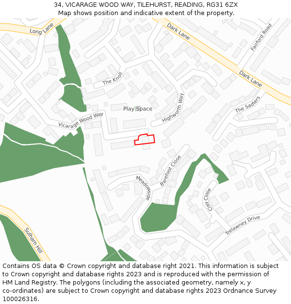 34, VICARAGE WOOD WAY, TILEHURST, READING, RG31 6ZX: Location map and indicative extent of plot