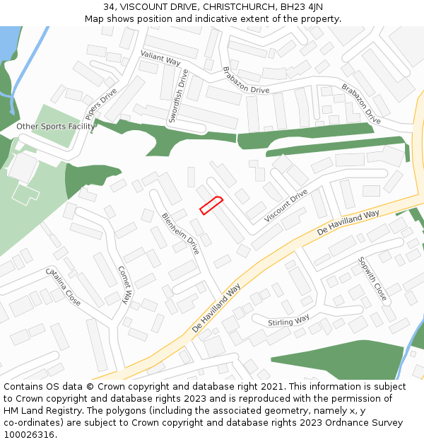 34, VISCOUNT DRIVE, CHRISTCHURCH, BH23 4JN: Location map and indicative extent of plot