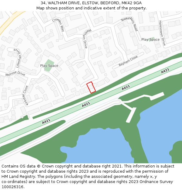 34, WALTHAM DRIVE, ELSTOW, BEDFORD, MK42 9GA: Location map and indicative extent of plot
