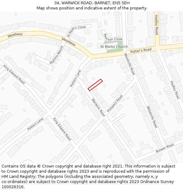 34, WARWICK ROAD, BARNET, EN5 5EH: Location map and indicative extent of plot