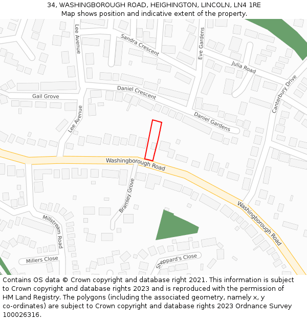 34, WASHINGBOROUGH ROAD, HEIGHINGTON, LINCOLN, LN4 1RE: Location map and indicative extent of plot