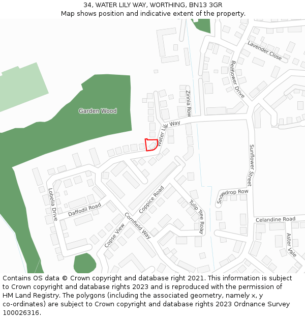 34, WATER LILY WAY, WORTHING, BN13 3GR: Location map and indicative extent of plot