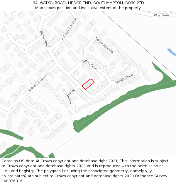 34, WATKIN ROAD, HEDGE END, SOUTHAMPTON, SO30 2TD: Location map and indicative extent of plot