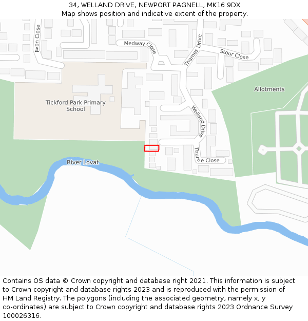34, WELLAND DRIVE, NEWPORT PAGNELL, MK16 9DX: Location map and indicative extent of plot