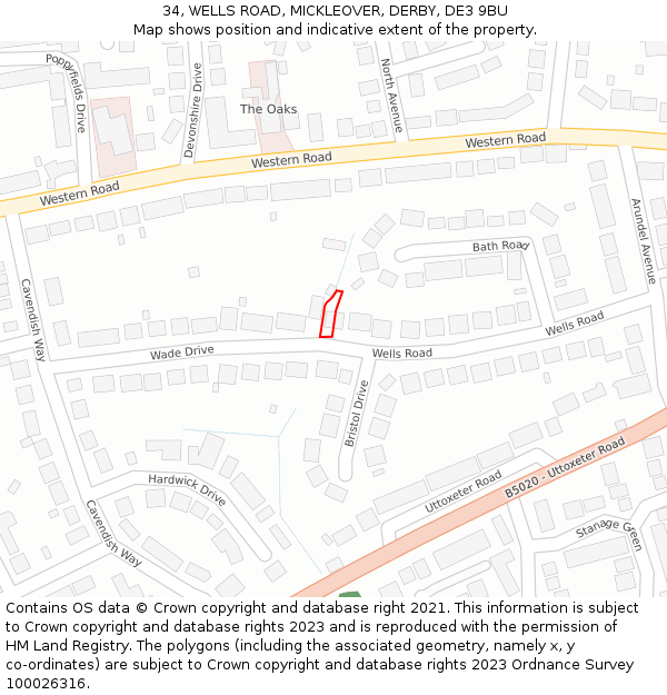 34, WELLS ROAD, MICKLEOVER, DERBY, DE3 9BU: Location map and indicative extent of plot