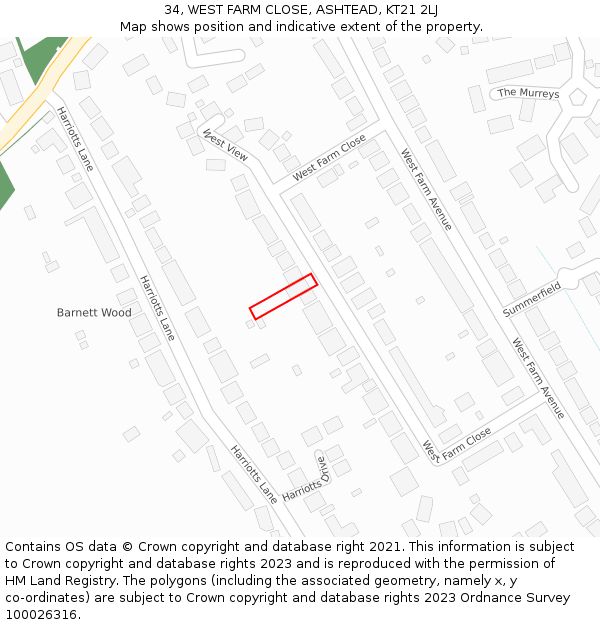 34, WEST FARM CLOSE, ASHTEAD, KT21 2LJ: Location map and indicative extent of plot