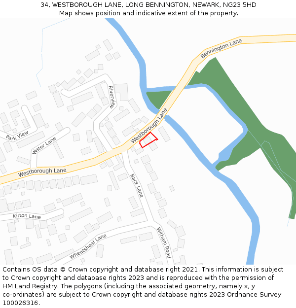 34, WESTBOROUGH LANE, LONG BENNINGTON, NEWARK, NG23 5HD: Location map and indicative extent of plot