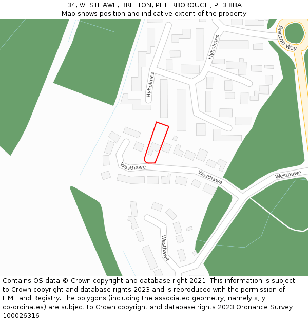 34, WESTHAWE, BRETTON, PETERBOROUGH, PE3 8BA: Location map and indicative extent of plot