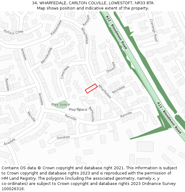 34, WHARFEDALE, CARLTON COLVILLE, LOWESTOFT, NR33 8TA: Location map and indicative extent of plot