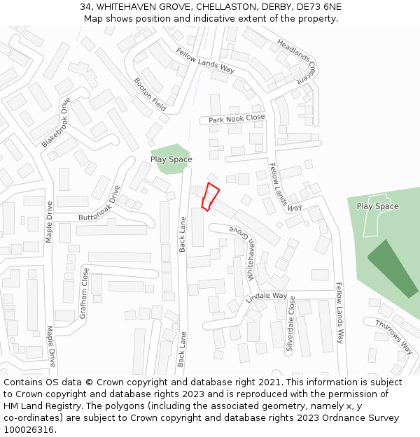 34, WHITEHAVEN GROVE, CHELLASTON, DERBY, DE73 6NE: Location map and indicative extent of plot