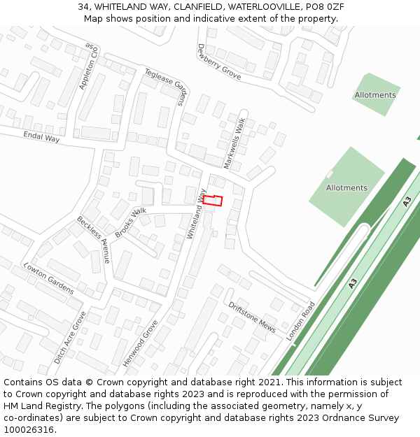 34, WHITELAND WAY, CLANFIELD, WATERLOOVILLE, PO8 0ZF: Location map and indicative extent of plot