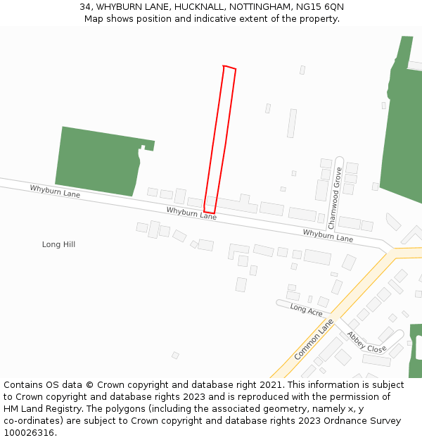 34, WHYBURN LANE, HUCKNALL, NOTTINGHAM, NG15 6QN: Location map and indicative extent of plot