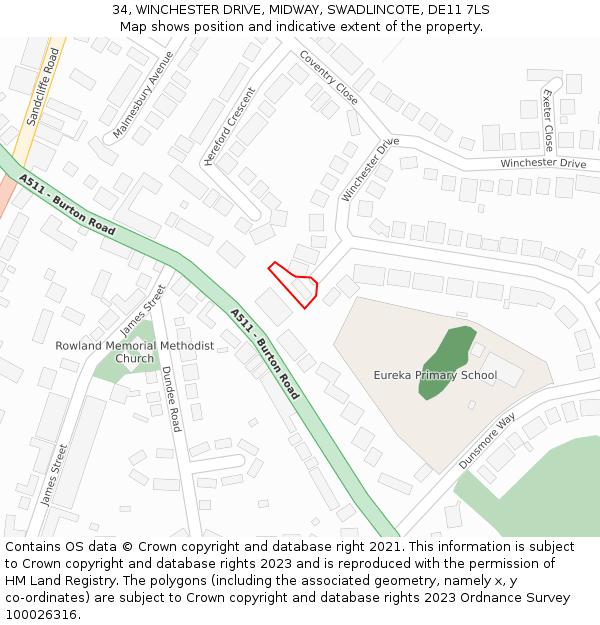 34, WINCHESTER DRIVE, MIDWAY, SWADLINCOTE, DE11 7LS: Location map and indicative extent of plot