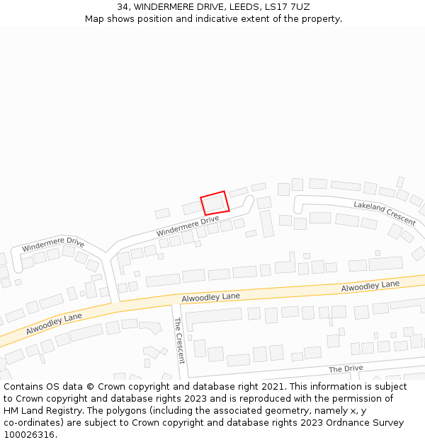 34, WINDERMERE DRIVE, LEEDS, LS17 7UZ: Location map and indicative extent of plot