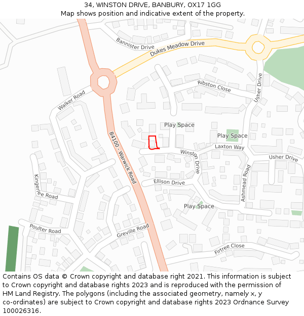 34, WINSTON DRIVE, BANBURY, OX17 1GG: Location map and indicative extent of plot