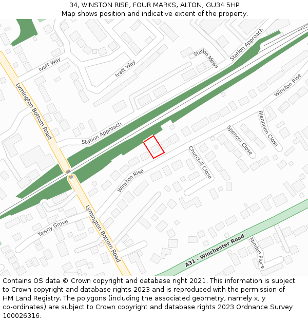 34, WINSTON RISE, FOUR MARKS, ALTON, GU34 5HP: Location map and indicative extent of plot