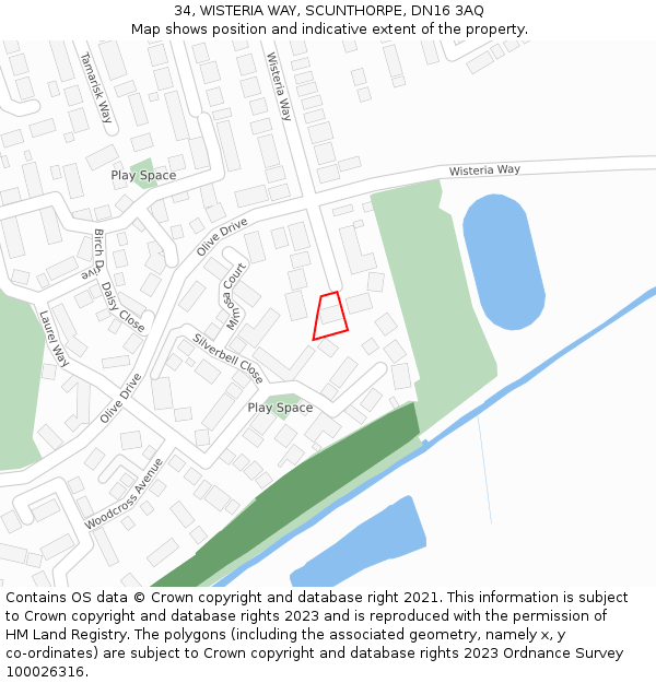 34, WISTERIA WAY, SCUNTHORPE, DN16 3AQ: Location map and indicative extent of plot