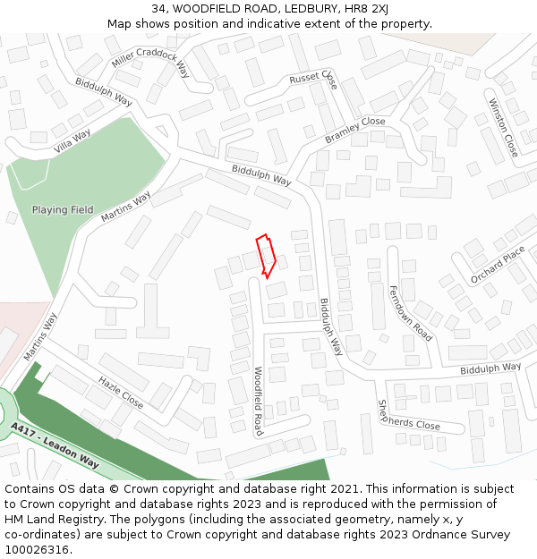 34, WOODFIELD ROAD, LEDBURY, HR8 2XJ: Location map and indicative extent of plot