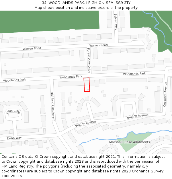 34, WOODLANDS PARK, LEIGH-ON-SEA, SS9 3TY: Location map and indicative extent of plot