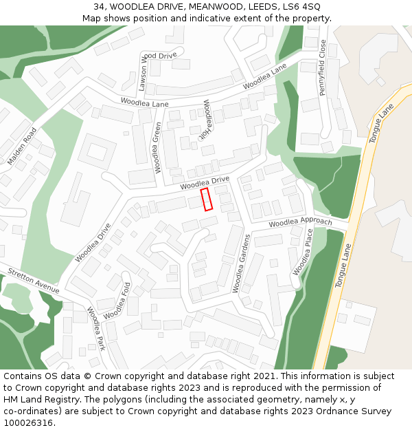 34, WOODLEA DRIVE, MEANWOOD, LEEDS, LS6 4SQ: Location map and indicative extent of plot