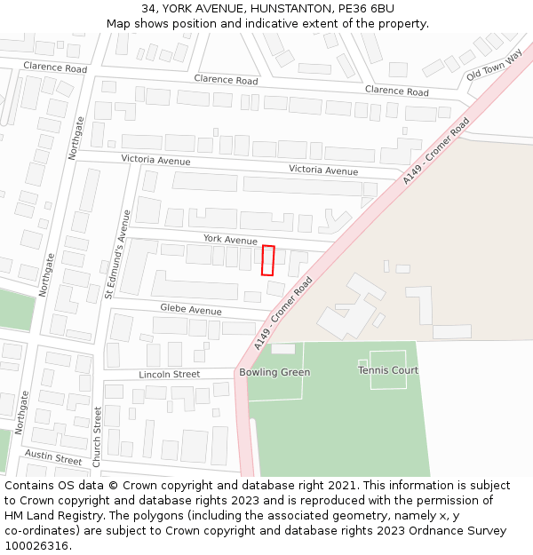 34, YORK AVENUE, HUNSTANTON, PE36 6BU: Location map and indicative extent of plot