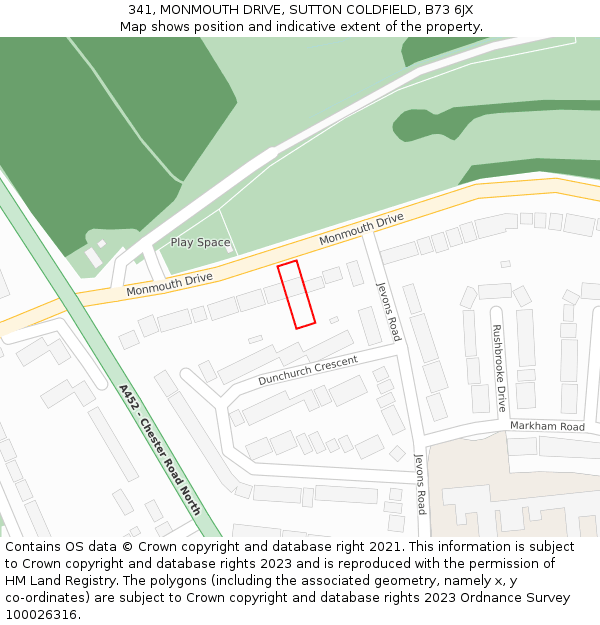341, MONMOUTH DRIVE, SUTTON COLDFIELD, B73 6JX: Location map and indicative extent of plot
