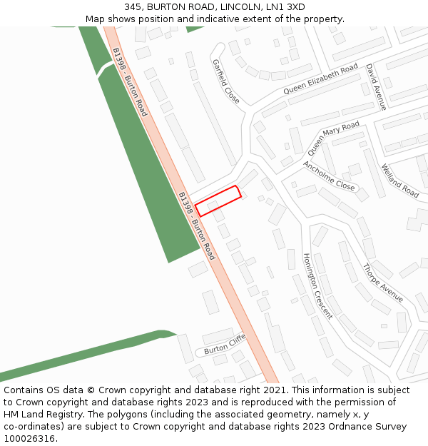 345, BURTON ROAD, LINCOLN, LN1 3XD: Location map and indicative extent of plot