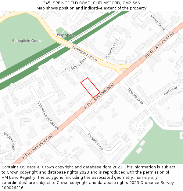 345, SPRINGFIELD ROAD, CHELMSFORD, CM2 6AN: Location map and indicative extent of plot