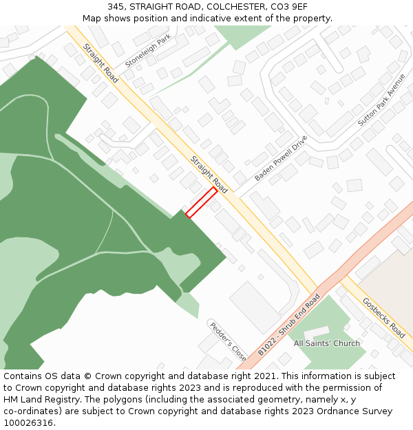 345, STRAIGHT ROAD, COLCHESTER, CO3 9EF: Location map and indicative extent of plot