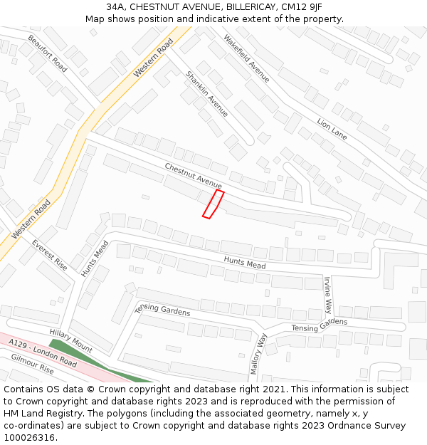 34A, CHESTNUT AVENUE, BILLERICAY, CM12 9JF: Location map and indicative extent of plot