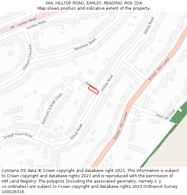 34A, HILLTOP ROAD, EARLEY, READING, RG6 1DA: Location map and indicative extent of plot