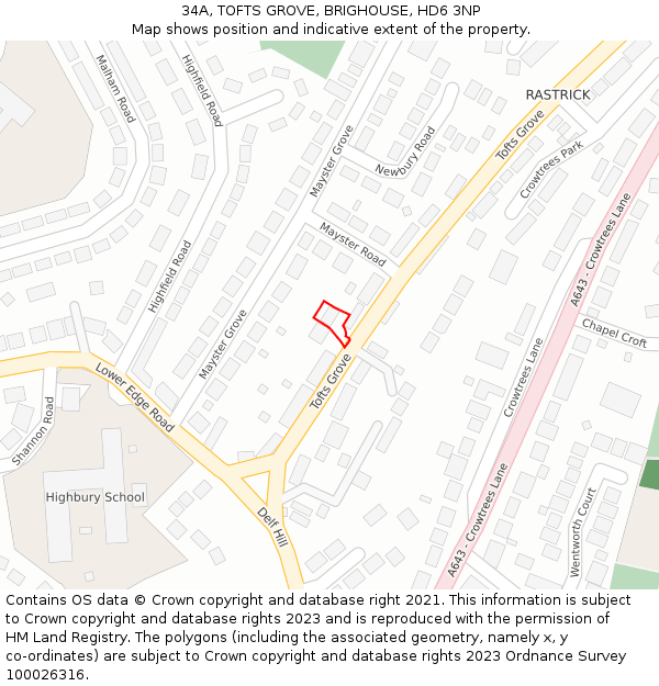 34A, TOFTS GROVE, BRIGHOUSE, HD6 3NP: Location map and indicative extent of plot