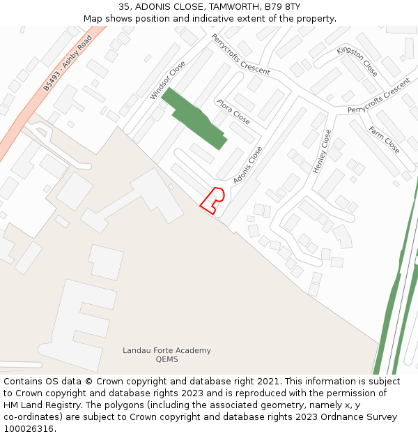 35, ADONIS CLOSE, TAMWORTH, B79 8TY: Location map and indicative extent of plot