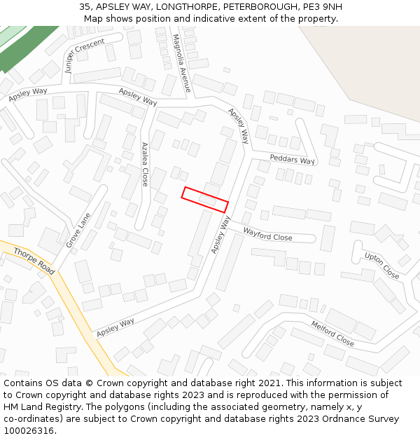 35, APSLEY WAY, LONGTHORPE, PETERBOROUGH, PE3 9NH: Location map and indicative extent of plot