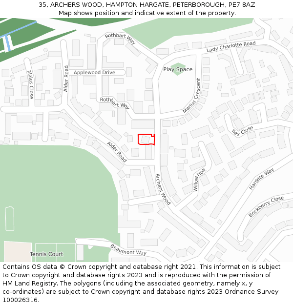 35, ARCHERS WOOD, HAMPTON HARGATE, PETERBOROUGH, PE7 8AZ: Location map and indicative extent of plot