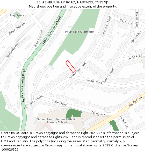 35, ASHBURNHAM ROAD, HASTINGS, TN35 5JN: Location map and indicative extent of plot