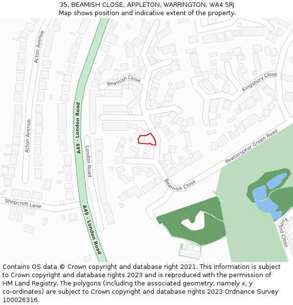 35, BEAMISH CLOSE, APPLETON, WARRINGTON, WA4 5RJ: Location map and indicative extent of plot